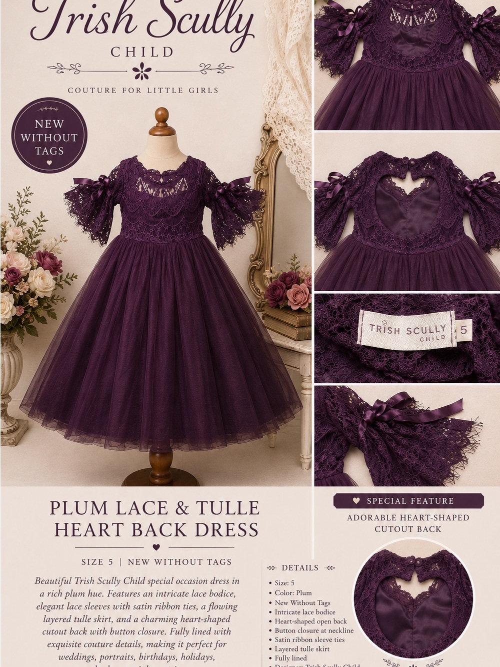Trish Scully Child Plum Lace & Tulle Heart Back Dress